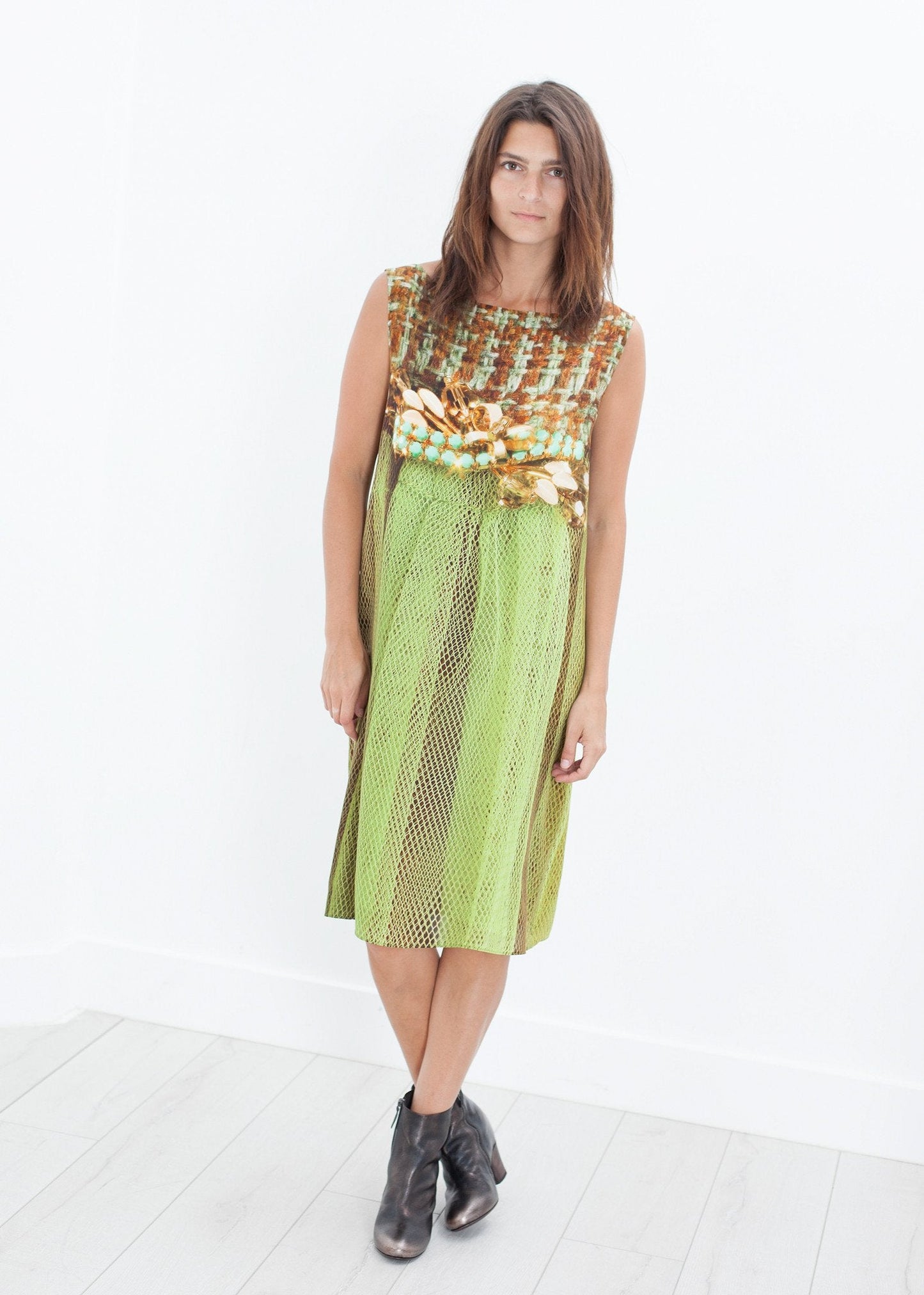Vestido recto de seda en tweed y red