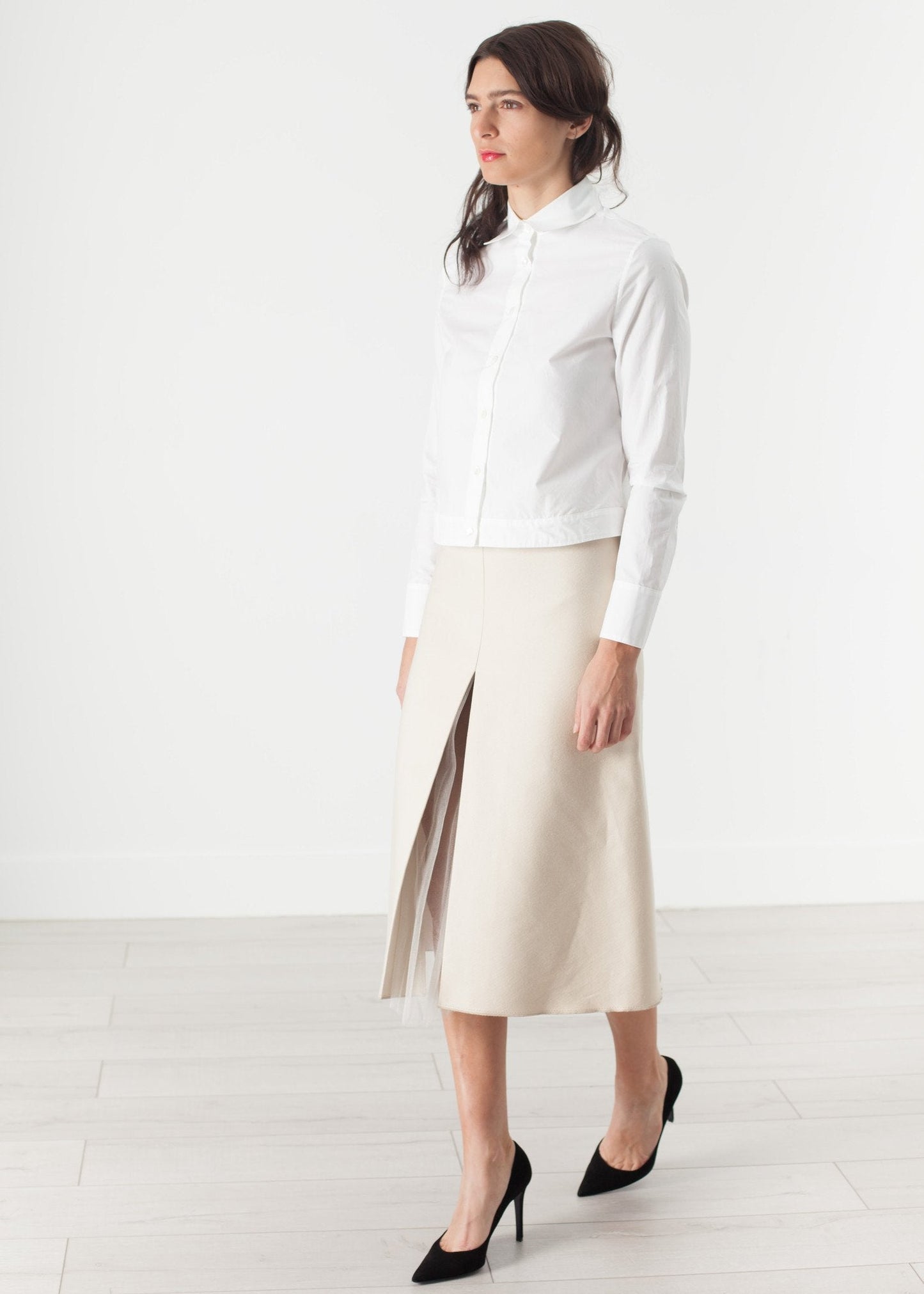 Gonna a pieghe in tulle color crema